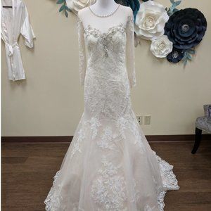 Trumpet Mermaid Wedding Dress A-Line Long Sleeve Beaded Top Sample Size 12